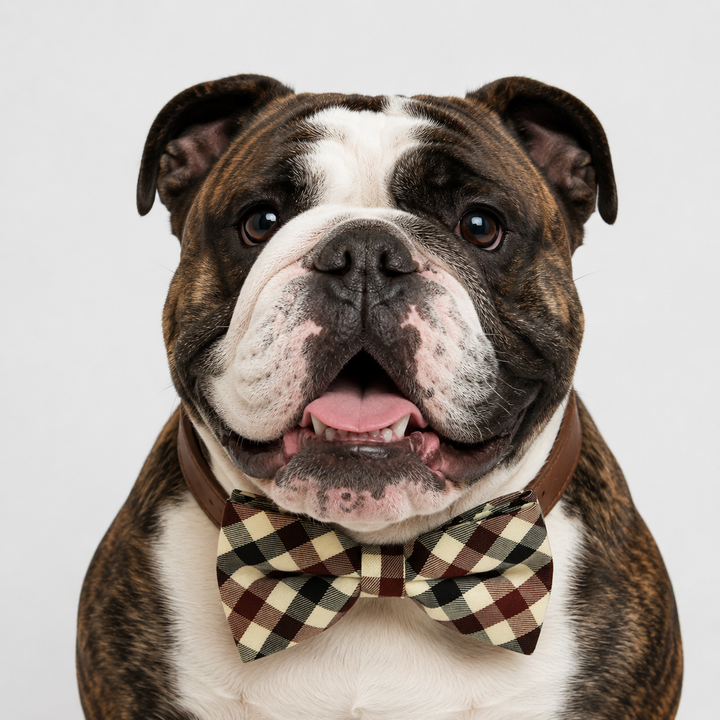 English Bulldog wearing a brown plaid bow tie and brown vegan leather dog collar for formal events, family photos, and everyday style.