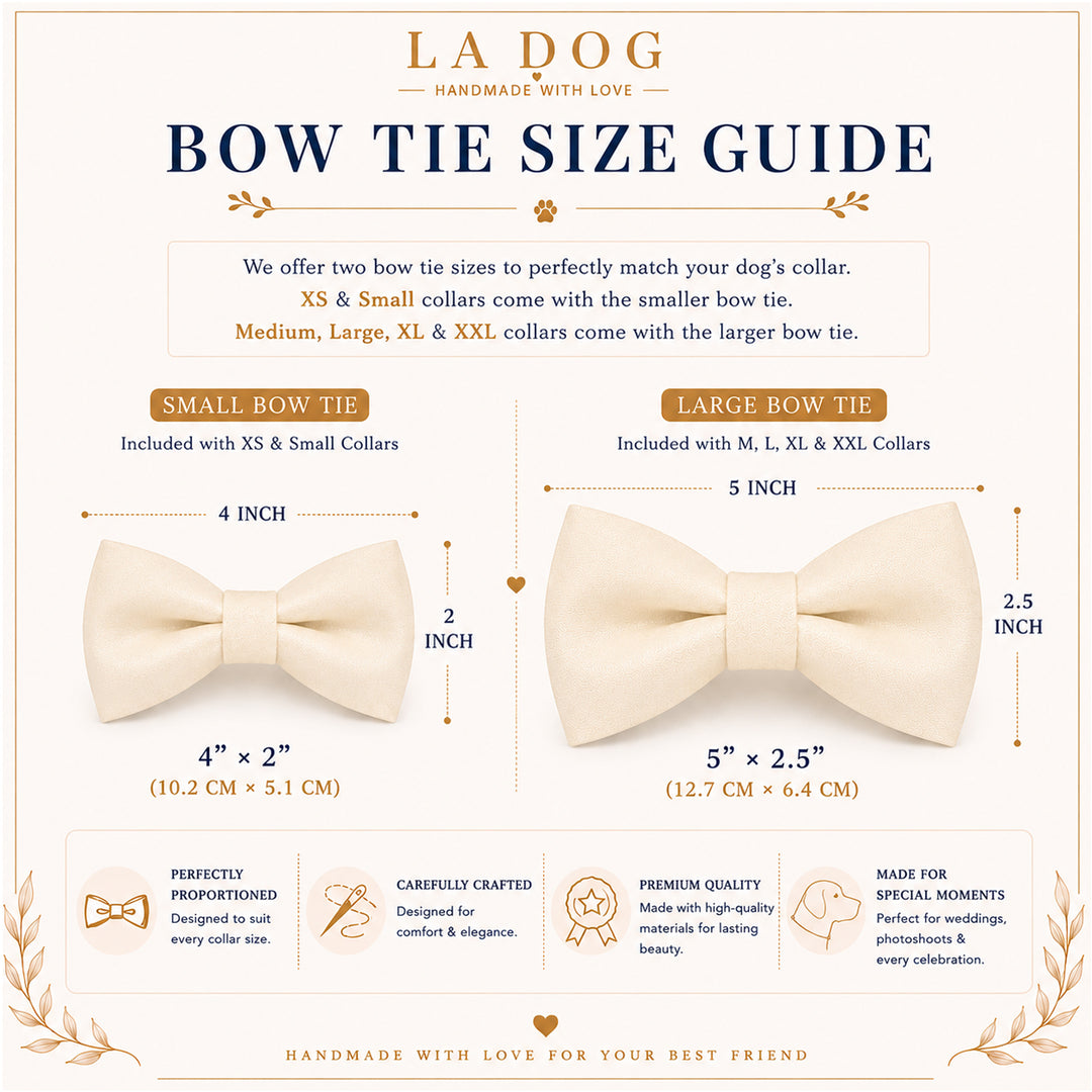 The image is a guide for bow tie sizes, providing information on the sizes of bow ties for different collar types.