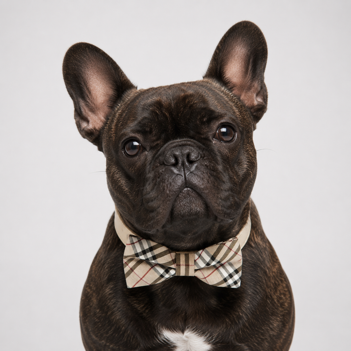 French Bulldog wearing beige check bow tie dog collar on a clean white background