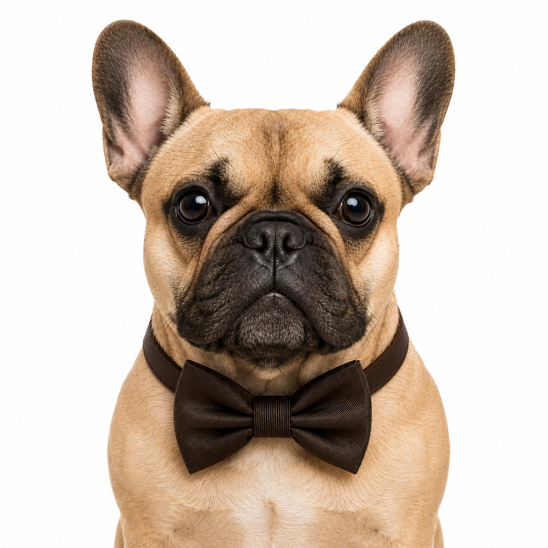 French Bulldog wearing a brown bow tie collar with a simple vegan leather strap for a formal and stylish look.