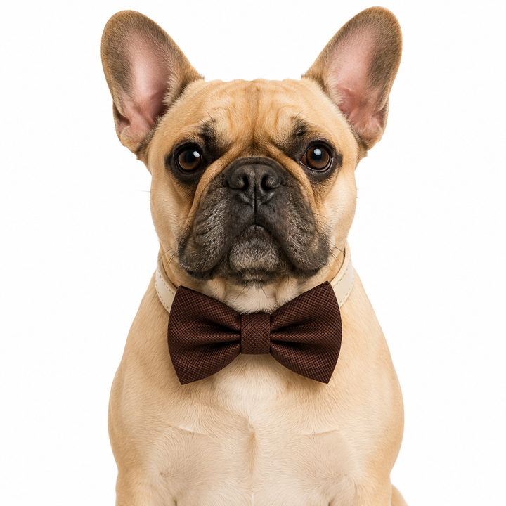 French Bulldog wearing a brown textured bow tie with an ivory vegan leather collar for formal events and celebrations.