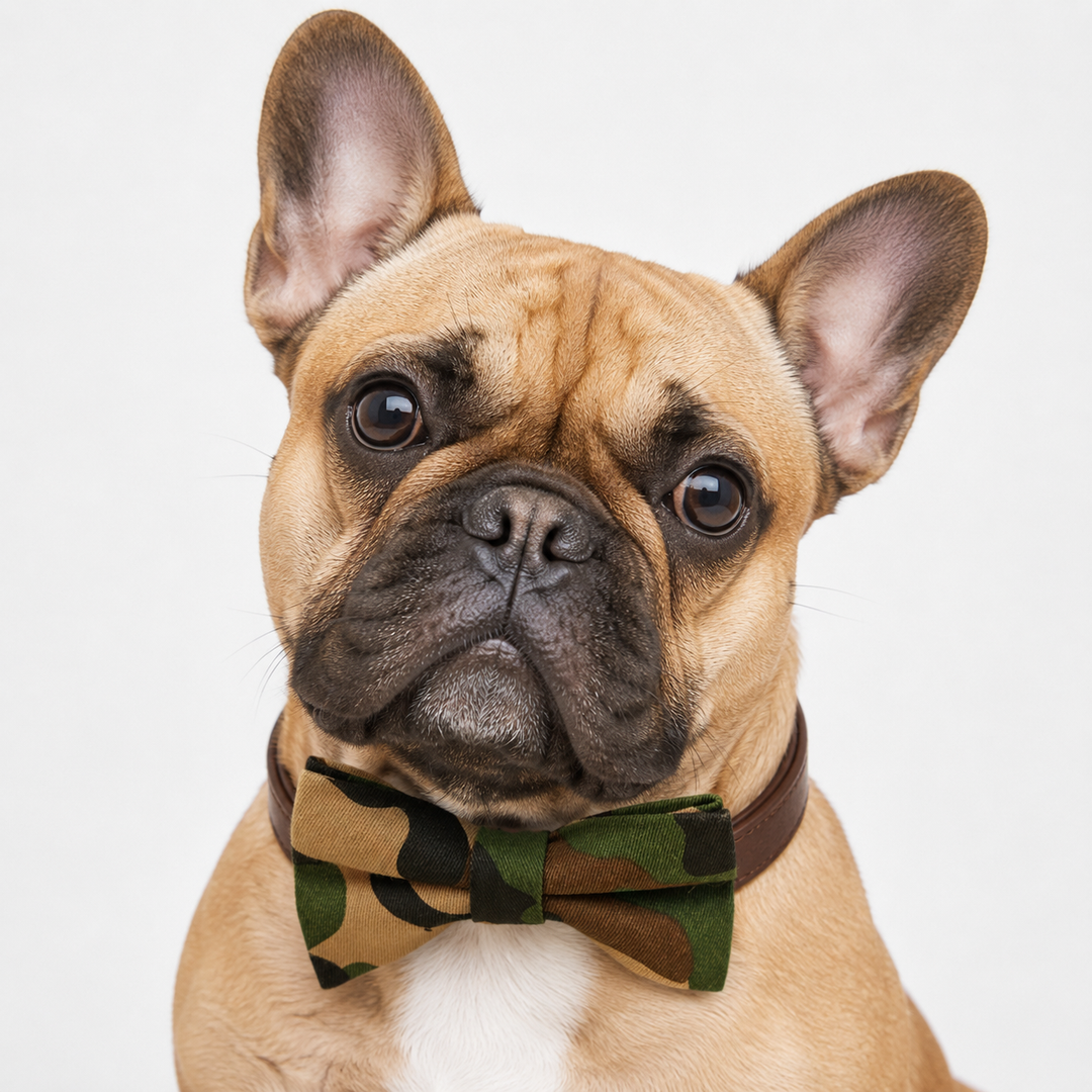 French Bulldog wearing camouflage bow tie collar with brown vegan leather dog collar