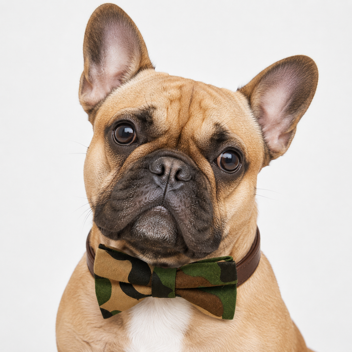 French Bulldog wearing camouflage bow tie collar with brown vegan leather dog collar
