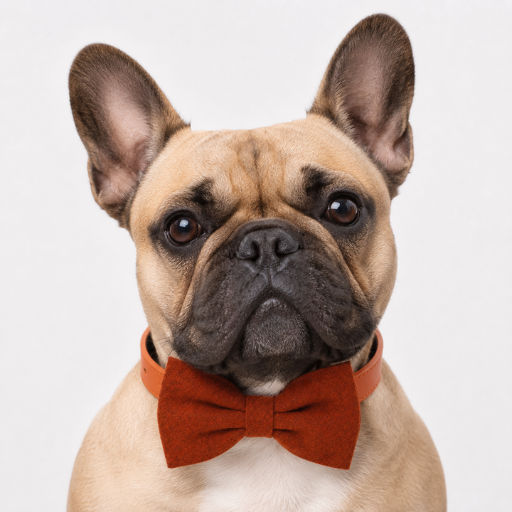 French Bulldog wearing a rust orange felt bow tie collar with matching vegan leather collar, shown in a professional studio portrait.