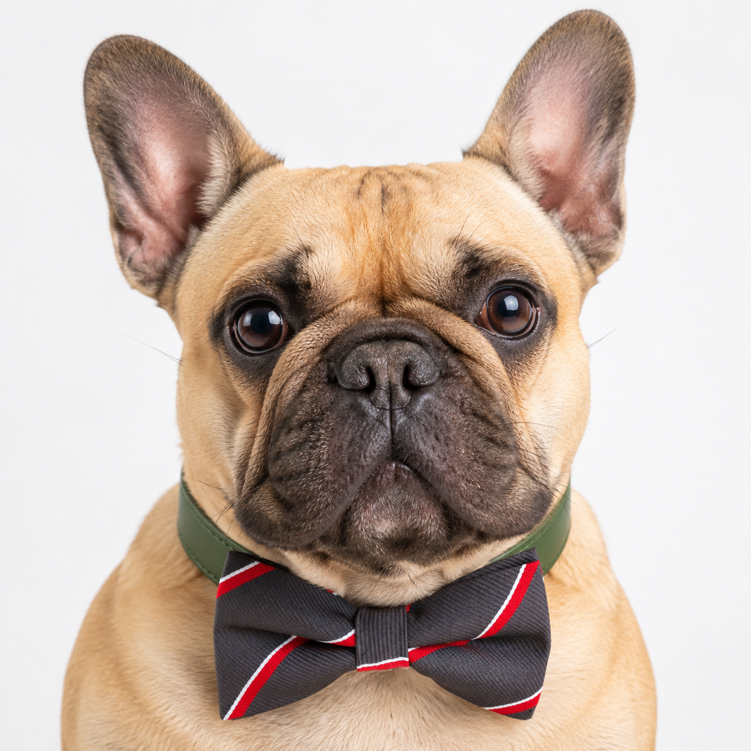 French Bulldog wearing striped dog bow tie collar with olive green collar on white background