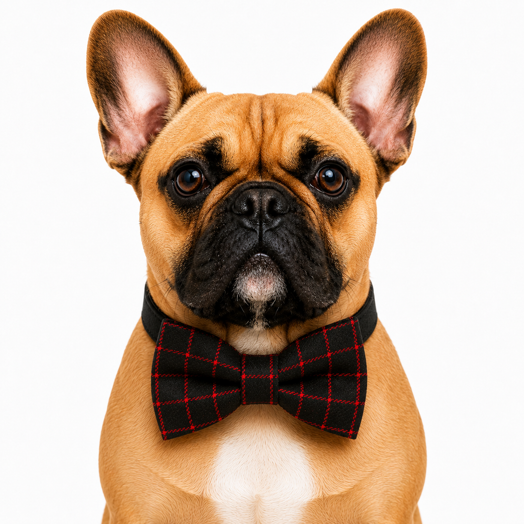 French Bulldog wearing a black and red plaid dog bow tie collar with a black adjustable collar on a clean studio background
