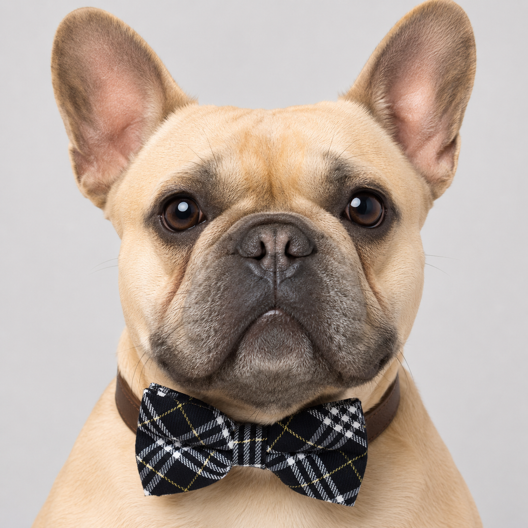 French Bulldog wearing a black tartan bow tie with brown vegan leather dog collar for weddings, ring bearer duties, and formal events