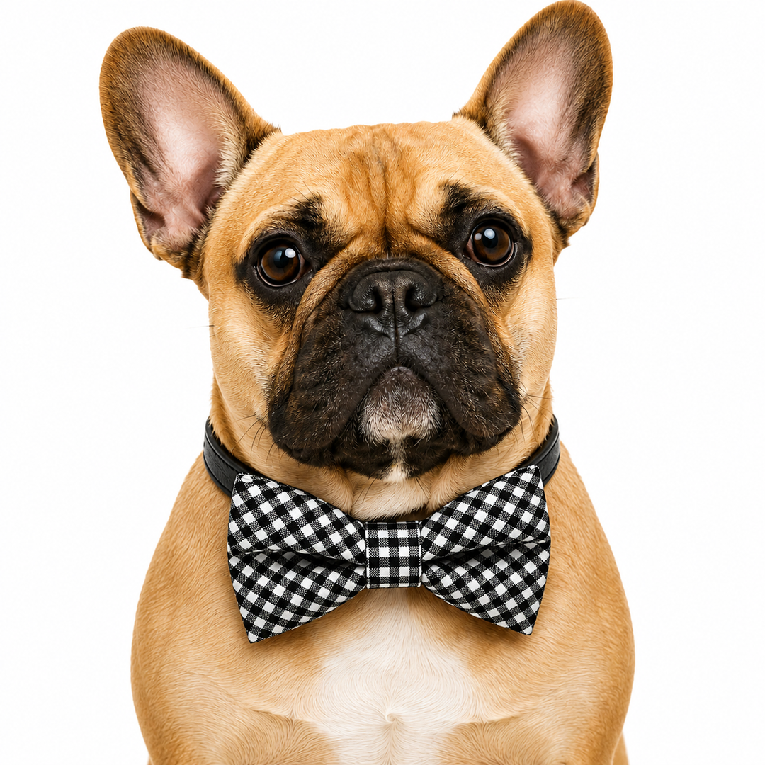 French Bulldog wearing a black and white gingham dog bow tie collar with a black adjustable collar