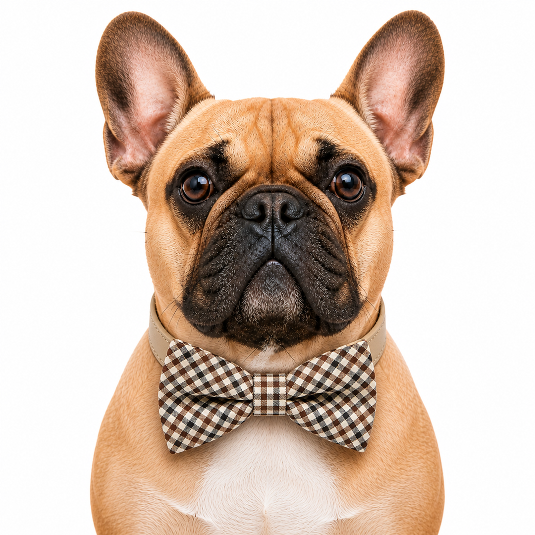 French Bulldog wearing brown plaid dog bow tie collar with beige vegan leather collar