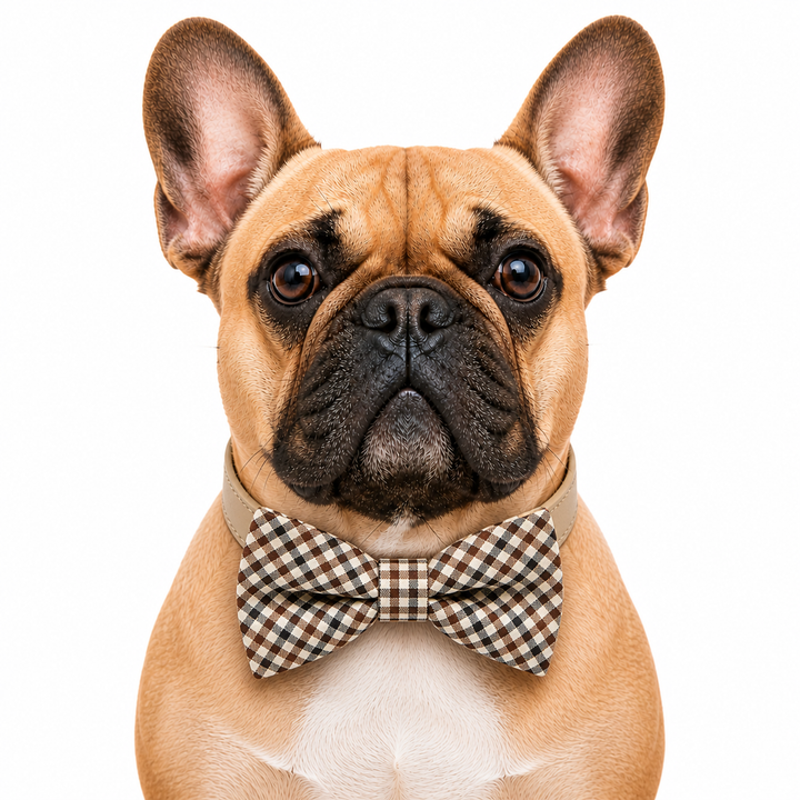 French Bulldog wearing brown plaid dog bow tie collar with beige vegan leather collar