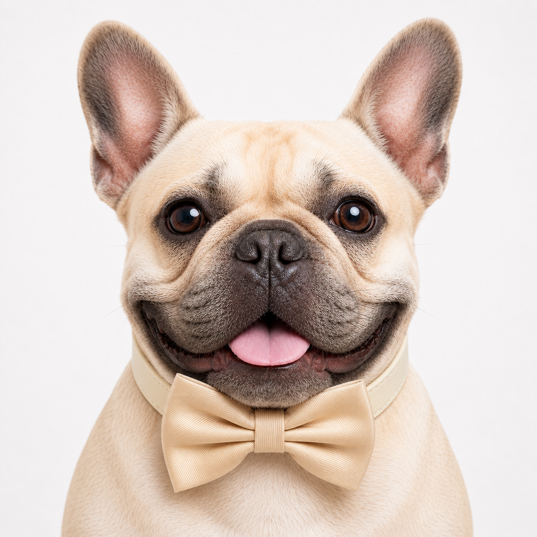 French Bulldog wearing champagne ring bearer dog bow tie collar with ivory vegan leather collar for weddings and formal events
