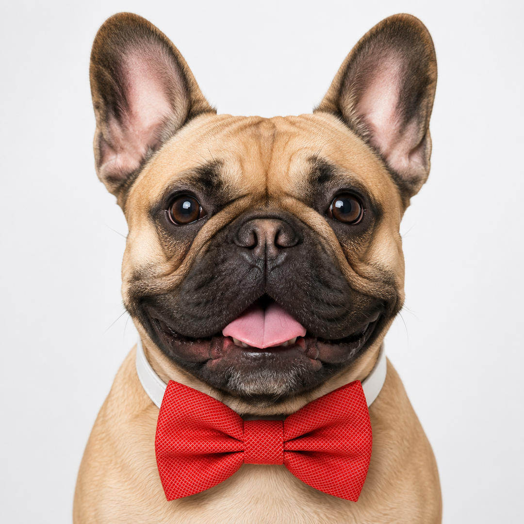 French Bulldog wearing a red micro grid bow tie and white vegan leather collar for weddings, ring bearer duties, and formal occasions.