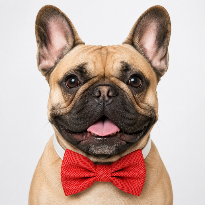 French Bulldog wearing a red micro grid bow tie and white vegan leather collar for weddings, ring bearer duties, and formal occasions.