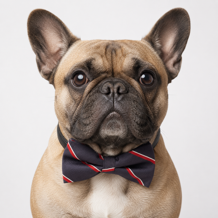 French Bulldog wearing a navy striped dog bow tie collar with a black vegan leather collar on a clean white background.