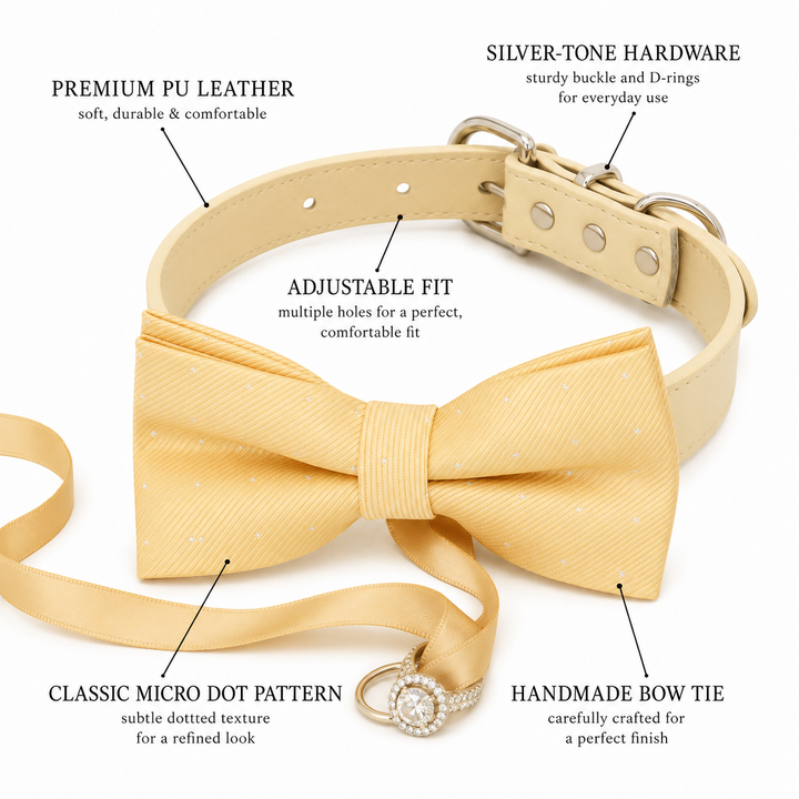 Features of ivory ring bearer dog bow tie collar including vegan leather collar adjustable fit silver hardware micro dot pattern and attached ring holder ribbon