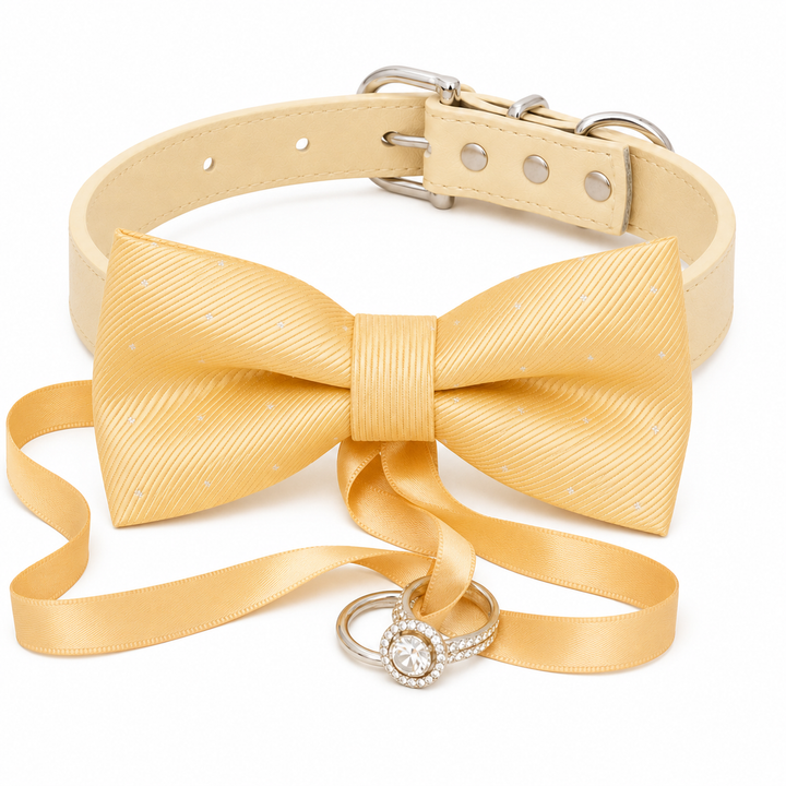 Ivory ring bearer dog bow tie collar with matching vegan leather collar and attached wedding ring holder ribbon for weddings and special occasions