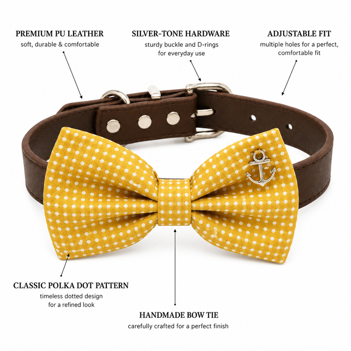 Dog bow tie collar feature guide showing mustard yellow polka dot bow tie, anchor charm, vegan leather collar, silver-tone hardware, and adjustable fit