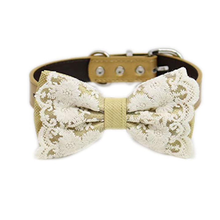 Antique gold floral lace dog bow tie collar with embroidered lace details, cream floral overlay, and matching vegan leather collar
