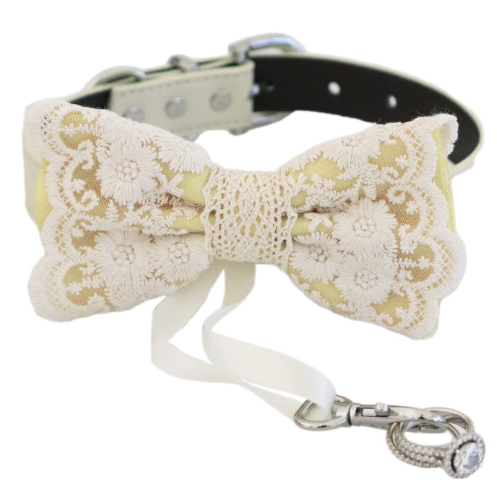 Antique gold ring bearer dog bow tie collar with floral lace embroidery, attached wedding ring holder ribbon, and adjustable vegan leather collar for weddings and special occasions