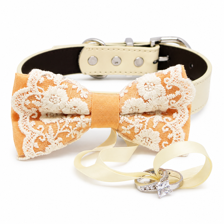 Apricot lace ring bearer dog bow tie collar with ivory vegan leather collar and attached wedding ring holder ribbon.