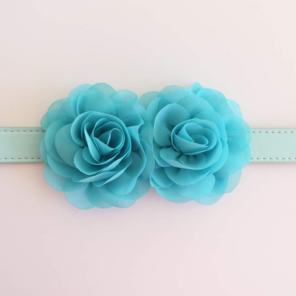 Aqua blue floral dog collar with double handcrafted rose flowers and matching vegan leather collar