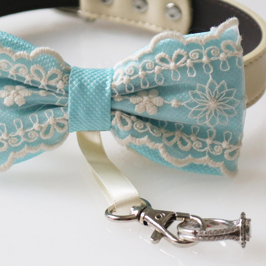 Aqua blue lace ring bearer dog bow tie collar with floral embroidered lace overlay, satin center accent, adjustable vegan leather collar, and attached wedding ring holder ribbon