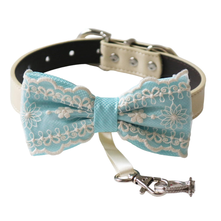 Aqua blue ring bearer dog bow tie collar featuring embroidered floral lace detailing, satin center wrap, vegan leather collar, and attached wedding ring holder ribbon for weddings and special occasions