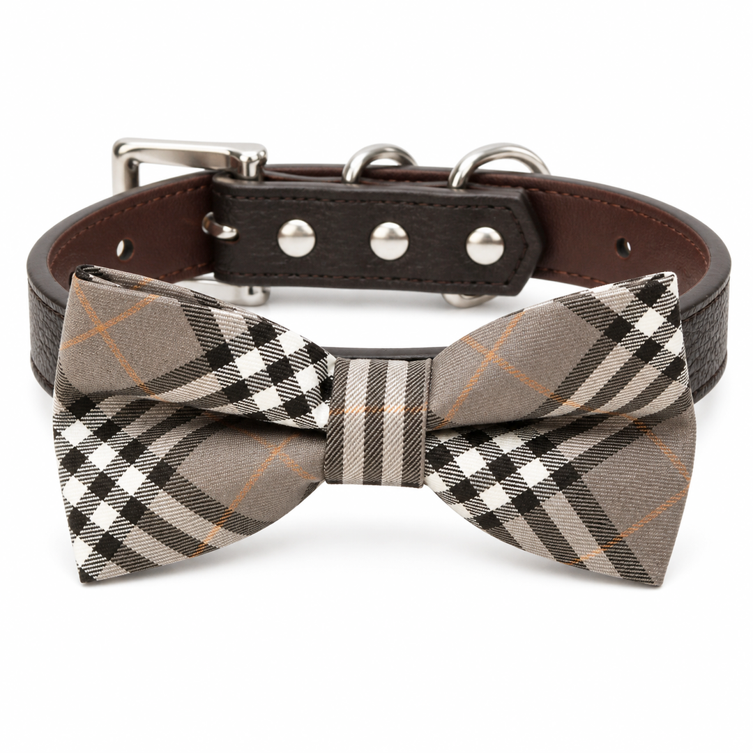 Beige plaid dog bow tie collar with brown vegan leather collar and silver-tone hardware