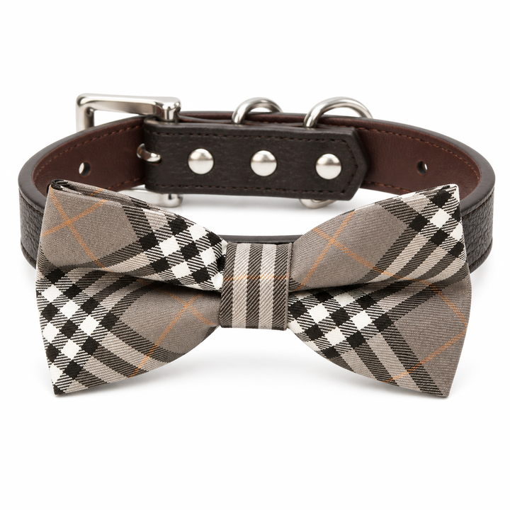 Beige plaid dog bow tie collar with brown vegan leather collar and silver-tone hardware