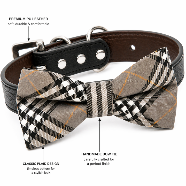 Dog bow tie collar feature guide showing beige plaid bow tie, vegan leather collar, and handmade craftsmanship