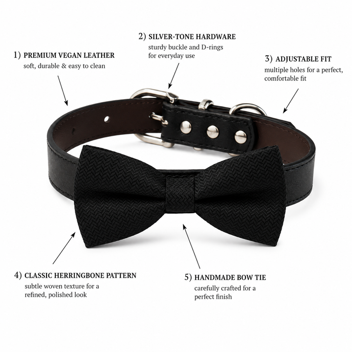 Black herringbone dog bow tie collar with a black vegan leather collar and silver-tone hardware