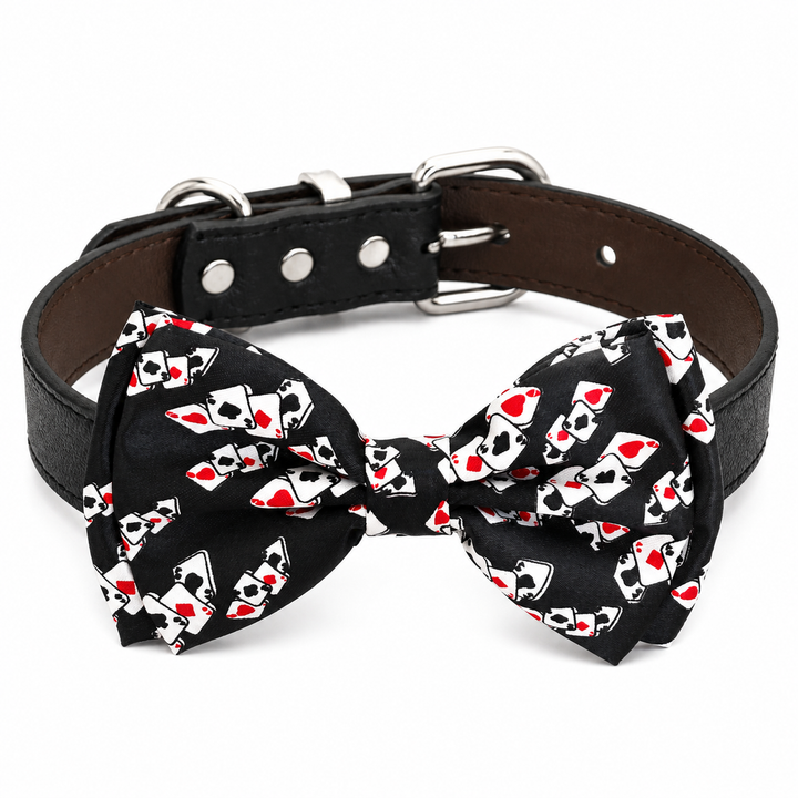 Black playing card pattern dog bow tie collar with black vegan leather collar and silver-tone hardware