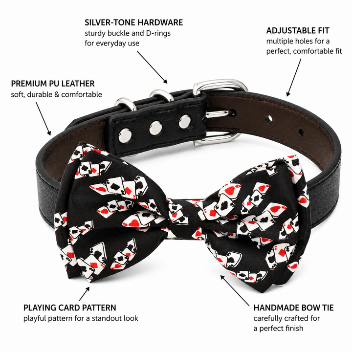 Black playing card pattern dog bow tie collar feature guide showing vegan leather collar, silver-tone hardware, adjustable fit, playing card pattern, and handmade bow tie
