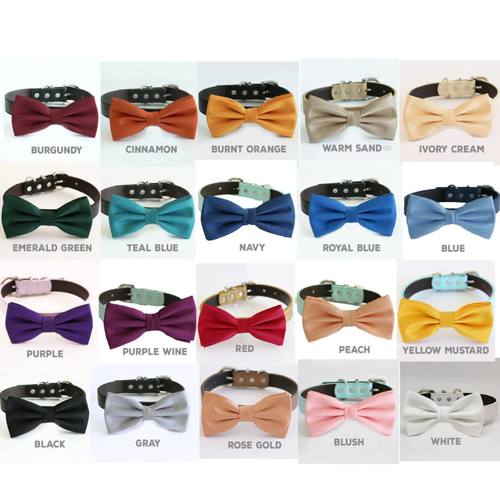 Color chart showing available satin dog bow tie collar color options with vegan leather collars