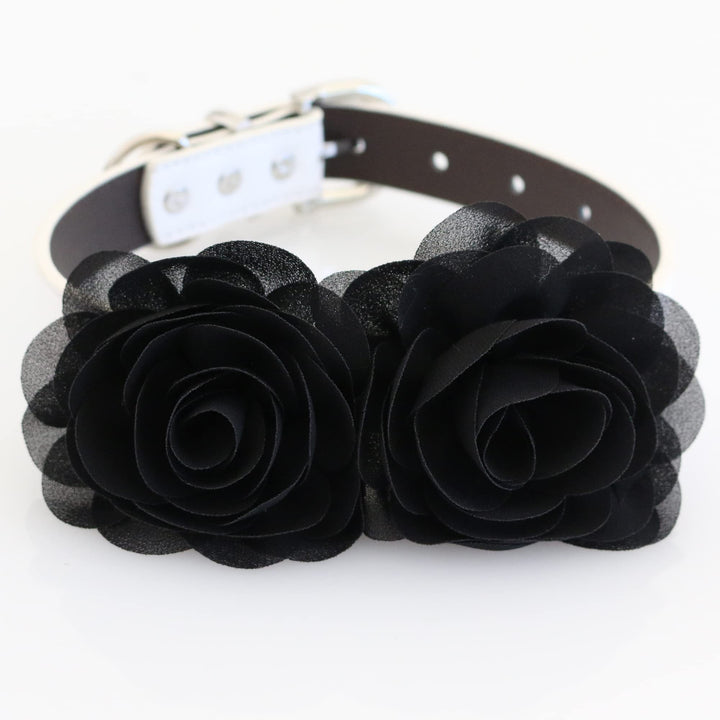 Black rose floral dog collar with layered fabric flowers and white vegan leather collar