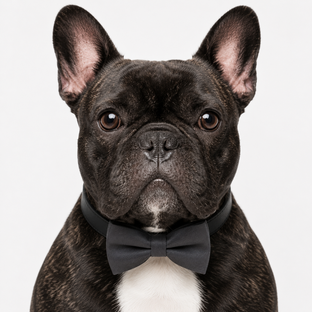 French Bulldog wearing a black textured satin bow tie collar.