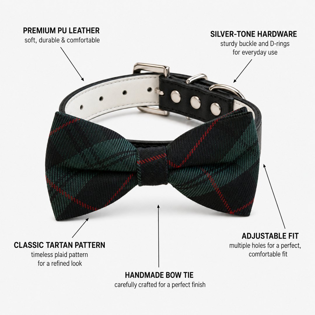 Dog bow tie collar feature guide showing Blackwatch tartan plaid fabric, vegan leather collar, adjustable fit, and handmade craftsmanship
