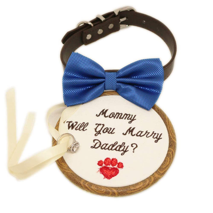 Blue ring bearer dog bow tie collar with proposal sign, engagement ring charm, and ribbon attachment for wedding proposal announcement