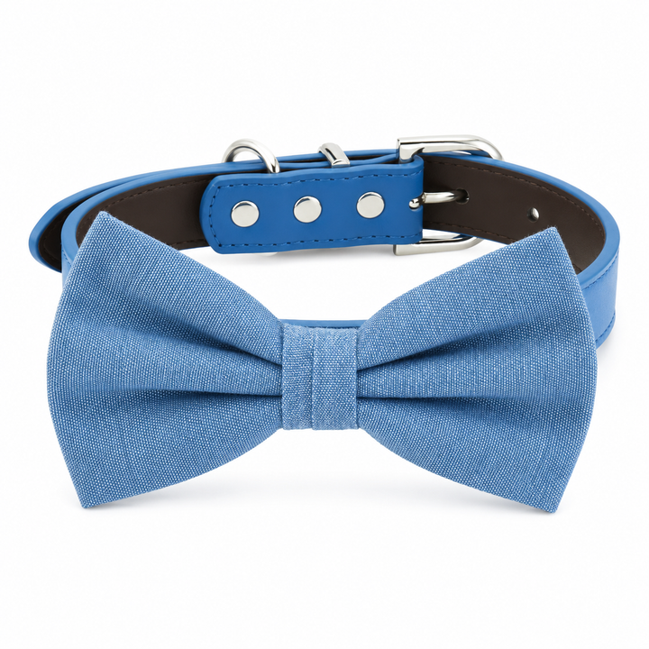 Blue chambray dog bow tie collar with blue vegan leather collar and classic woven fabric texture