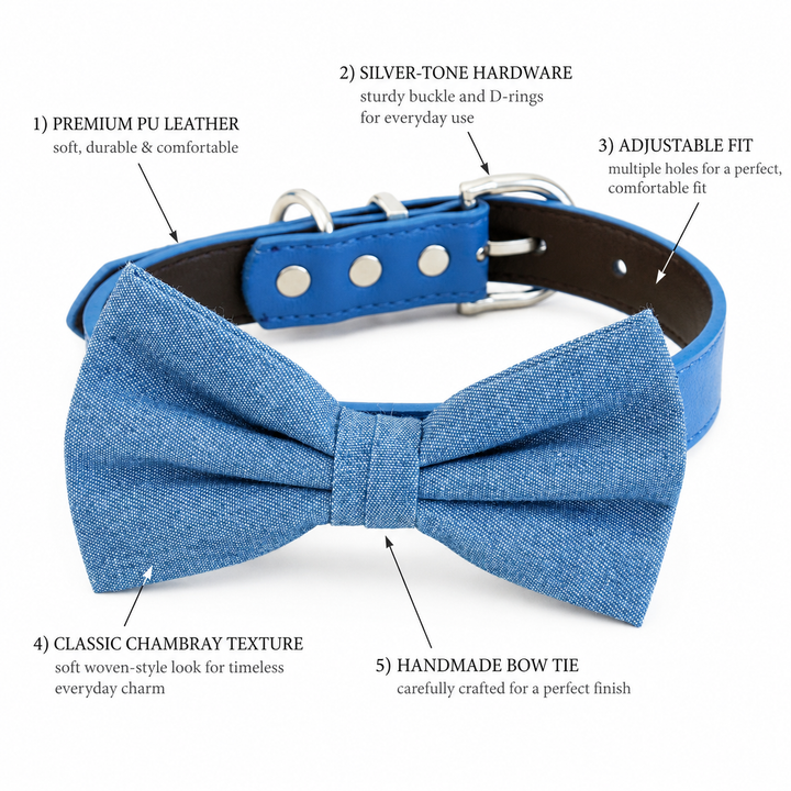 Dog bow tie collar feature guide showing chambray texture bow tie, vegan leather collar, silver-tone hardware, and adjustable fit