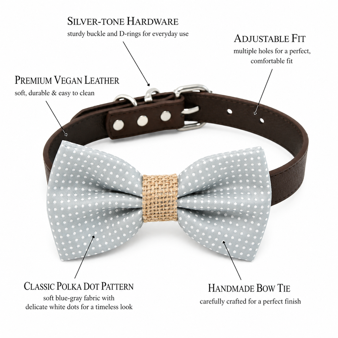 Feature guide showing blue gray polka dot dog bow tie collar with vegan leather collar, silver-tone hardware, adjustable fit, and handmade craftsmanship