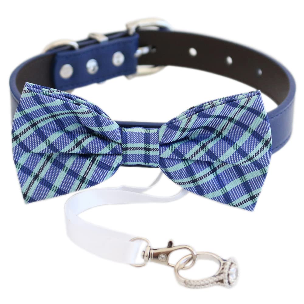 Blue and green plaid ring bearer dog bow tie collar shown with available collar color options