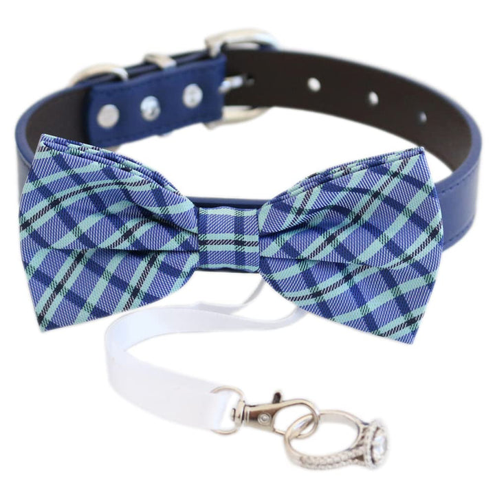 Blue and green plaid ring bearer dog bow tie collar shown with available collar color options