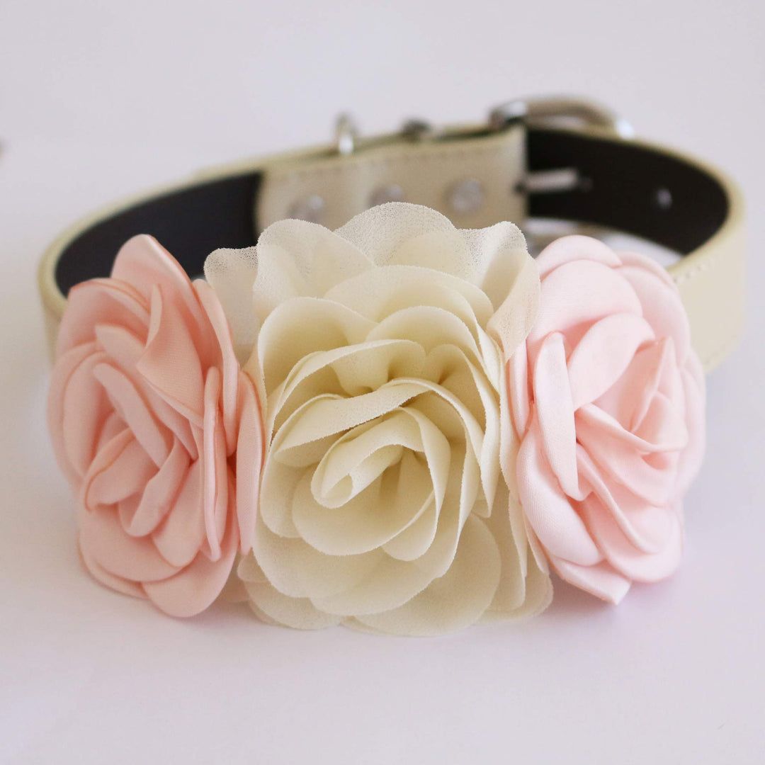 Front view of blush pink and ivory rose flower dog collar with handcrafted floral arrangement.