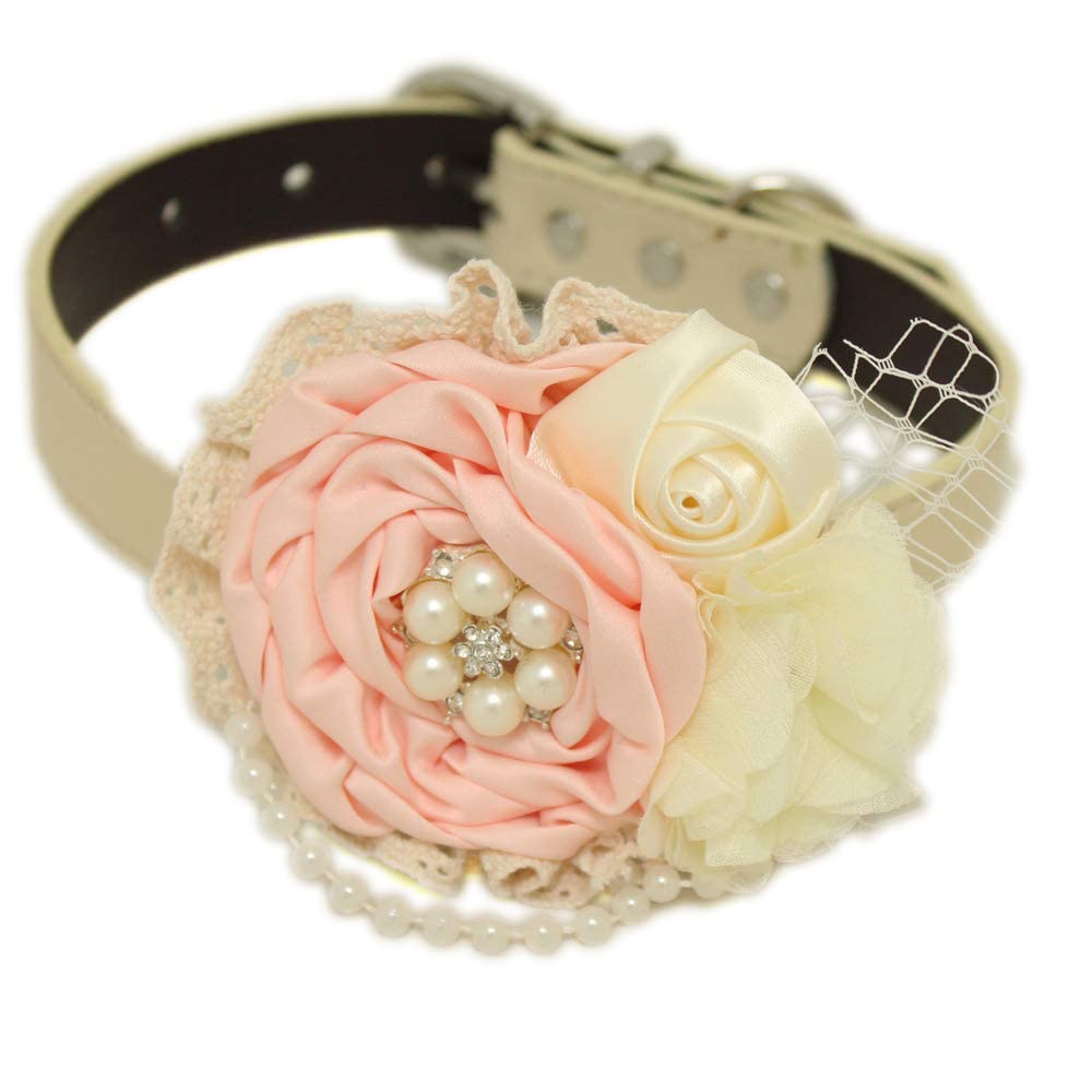 Blush and ivory floral dog collar with pearl centerpiece, satin rose detail, lace accents, decorative pearl strand, and elegant wedding-inspired design