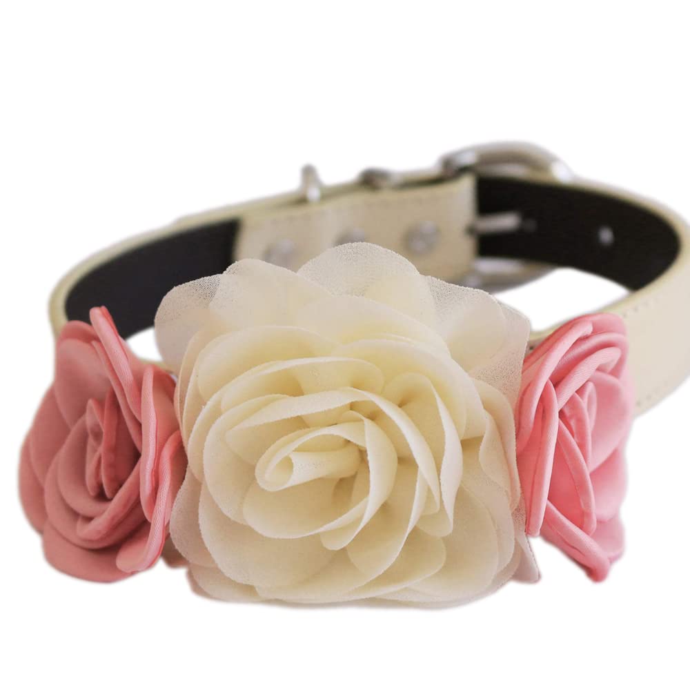 Floral dog collar featuring one ivory rose and two blush pink roses on an adjustable collar. Dusty pink