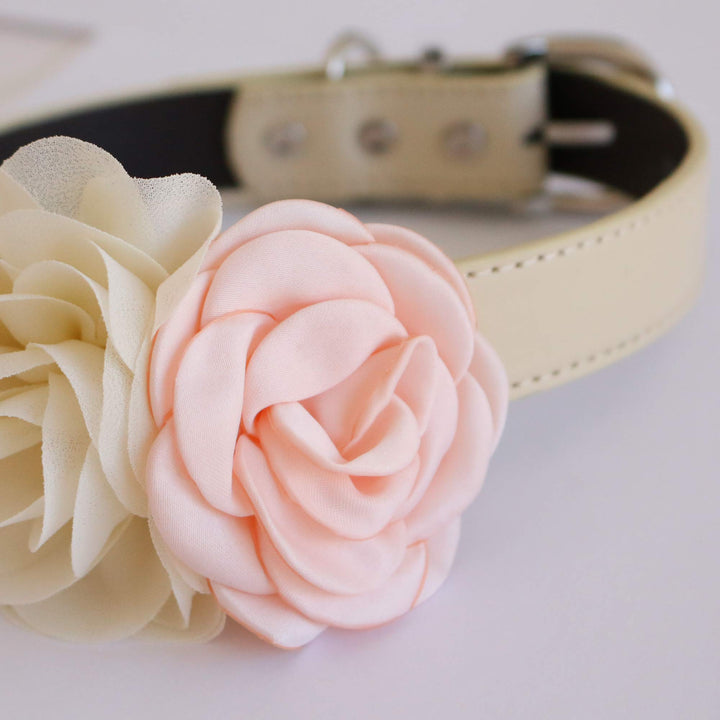 Three rose floral dog collar featuring blush pink and ivory flowers on an adjustable vegan leather collar.