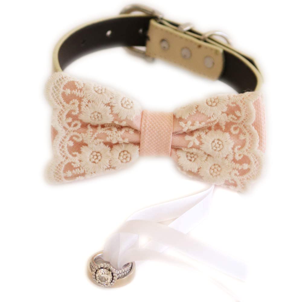 Blush pink lace ring bearer dog bow tie collar with embroidered floral lace, attached wedding ring holder ribbon, and adjustable vegan leather collar for wedding ceremonies