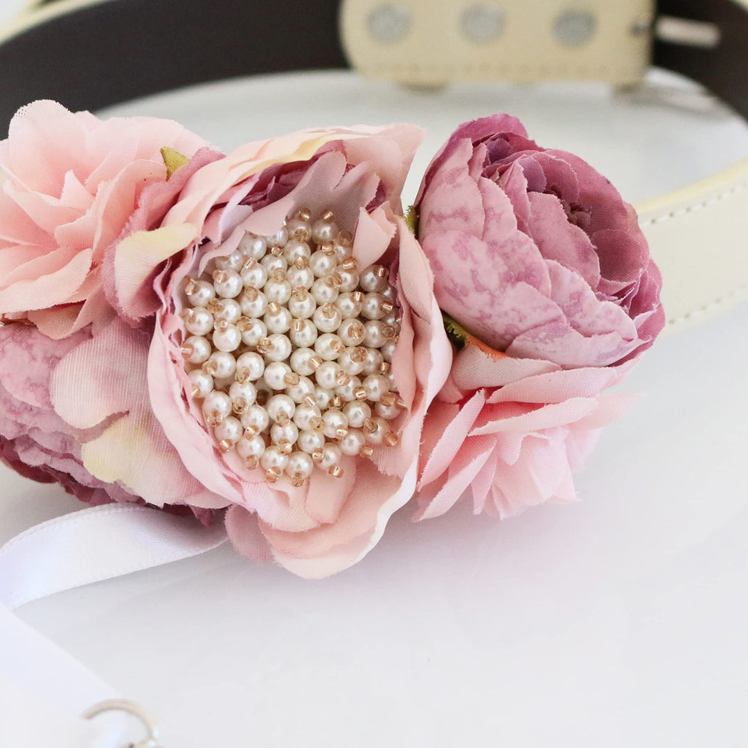 Blush and mauve peony flower dog collar with pearl cluster centerpiece and decorative ring holder ribbon for weddings