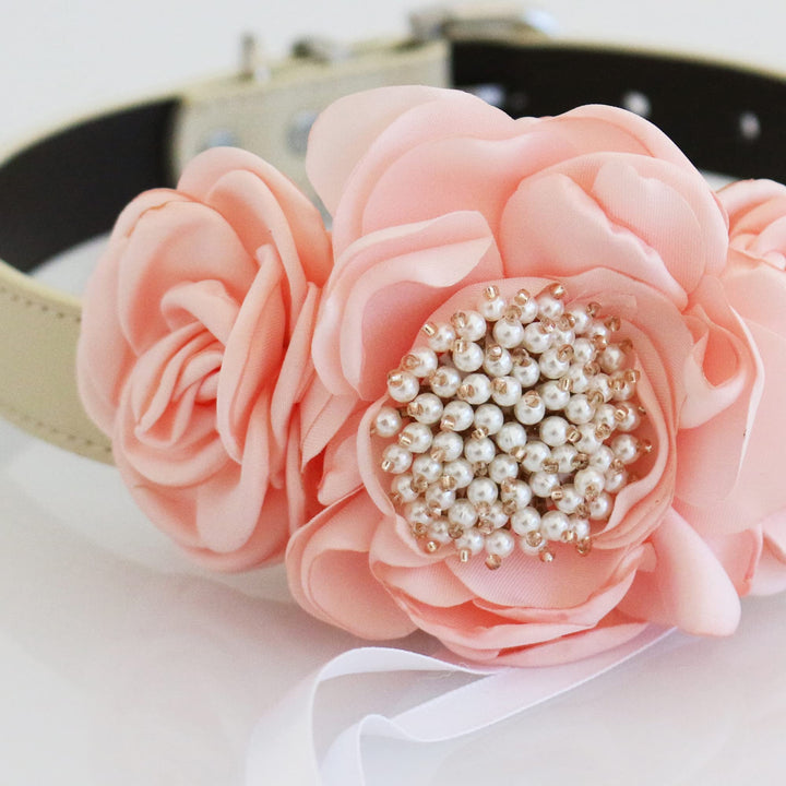 Blush pink floral dog collar with pearl cluster centerpiece and decorative ring holder ribbon for weddings